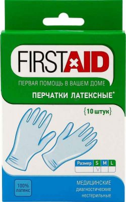 Купить перчатки first aid смотр. н/стер. латекс. опудр., s №10 в Семенове