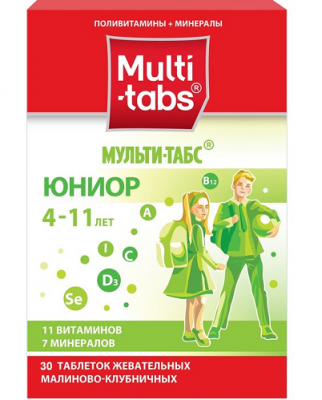Купить мульти-табс юниор, таблетки жевательные 30 шт с малиново-клубничным вкусом в Семенове