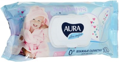 Купить aura (аура) ультра комфорт влажные салфетки для детей с алоэ и витамином е 100 шт в Семенове