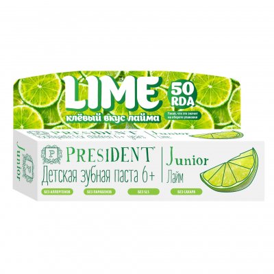 Купить президент (president) зубная паста для детей джуниор 6+, лайм 50мл в Семенове