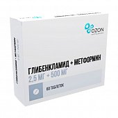 Купить глибенкламид+метформин, таблетки покрытые пленочной оболочкой 2,5мг+500мг, 60 шт  в Семенове
