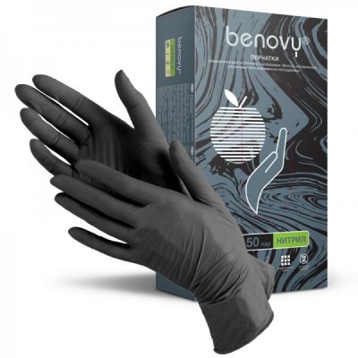 Купить перчатки benovy смотровые нитриловые нестерильные неопудрен текстурир с однократной хлорацией размер s 50 пар, черные в Семенове