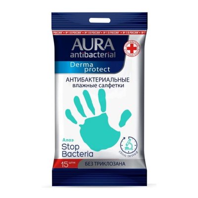 Купить aura (аура) дерма протект салфетки влажные антибактериальные алоэ, 15 шт в Семенове