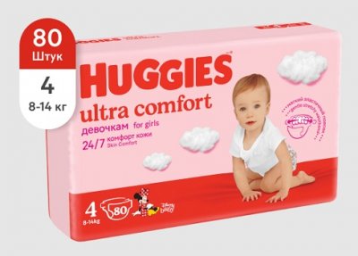 Купить huggies (хаггис) подгузники ультра комфорт для девочек 8-14кг 80шт в Семенове