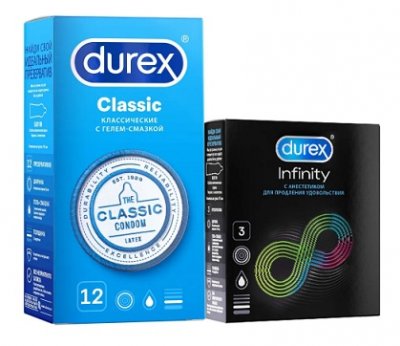 Купить durex (дюрекс) набор: презервативы classic, 12шт + infinity гладкие с анестетиком (вариант 2), 3шт в Семенове