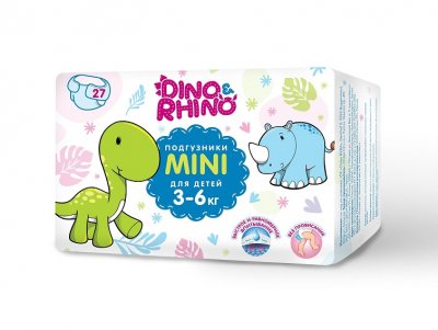 Купить подгузники для детей 3-6 кг дино и рино (dino & rhino) размер мини, 27 шт в Семенове