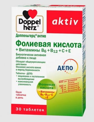 Купить doppelherz (доппельгерц) актив фолиевая кислота + b6 + b12 + c + e, таблетки 30 шт бад в Семенове