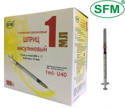Купить шприц 1мл sfm инсулиновый u-40 с иглой 0.45х12. 26g 1 шт в Семенове
