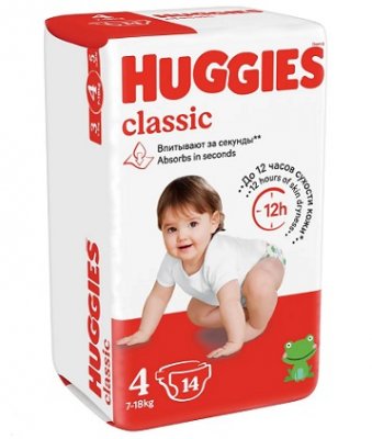 Купить huggies (хаггис) подгузники классик 4 7-18кг 14шт в Семенове