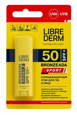 Купить librederm bronzeada sport (либридерм) стик солнцезащитный для губ и лица spf 50+, 4,8г в Семенове